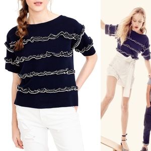 J Crew Ruffle Boat Neck Sweater Small Navy & White